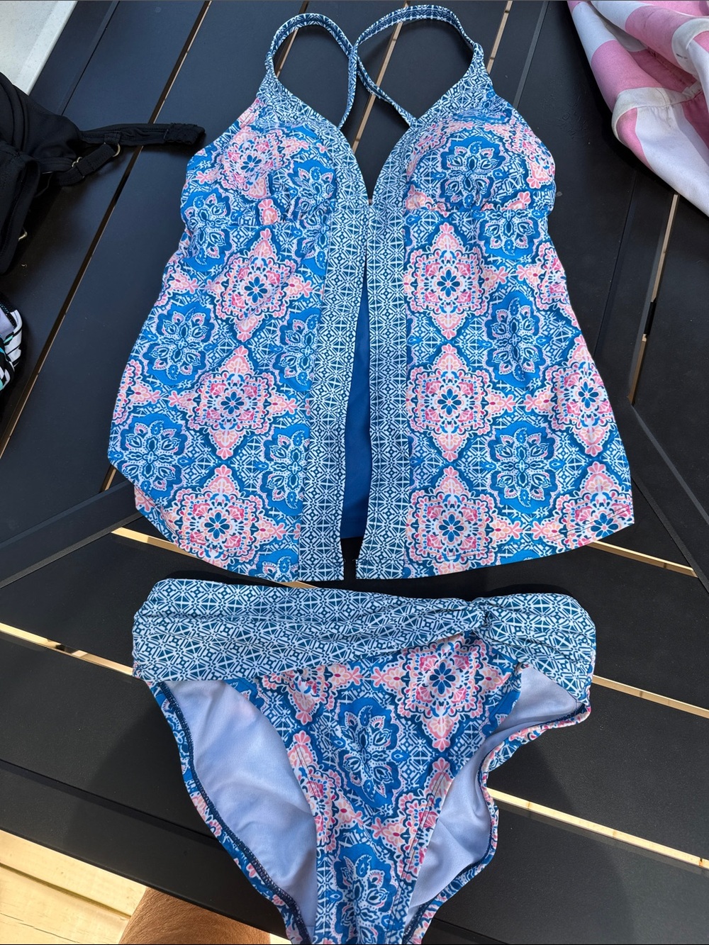Beach Diva Blue Floral Paisley Tankini Swimsuit with full coverage bottoms
